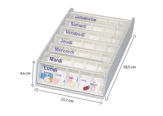 Dimensions du pilulier hebdomadaire Anabox