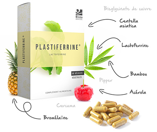 Boite de Plastiferrine à base de lactoferrine de centella asiatica de bromelaine de vitamine C cuivre et piperine