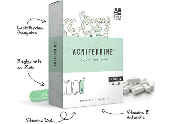 Boite Acniferrine à base de lactoferrine de zinc de vitamine E et D3