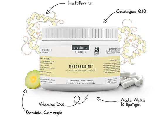 Boite de Metaferrine à base de lactoferrine acide hydroxycitrique et acide alpha r-lipoique