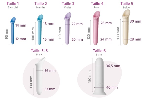 Longueur des dilatateurs :  Taille 1 -  longueur d'insertion : 90 mm, longueur totale : 122 mm Taille 2 - longueur d'insertion : 100 mm, longueur totale : 135 mm Taille 3 - longueur d'insertion : 110 mm, longueur totale : 150 mm Taille 4 - longueur d'insertion :120 mm, longueur : 163 mm Taille 5 - longueur C d'insertion : 130 mm, longueur totale : 177 mm