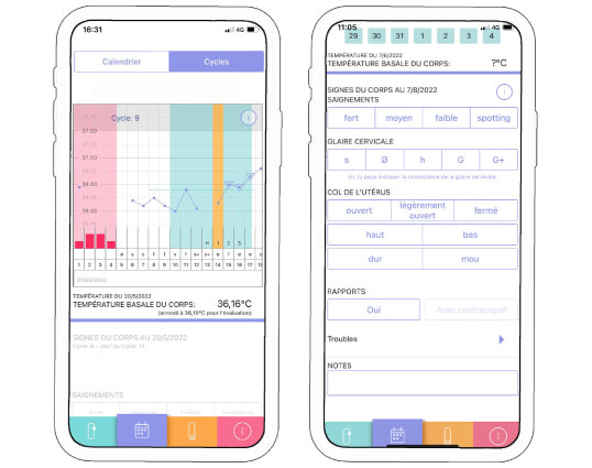 Ecran courbe de cycle et entrées application trackle